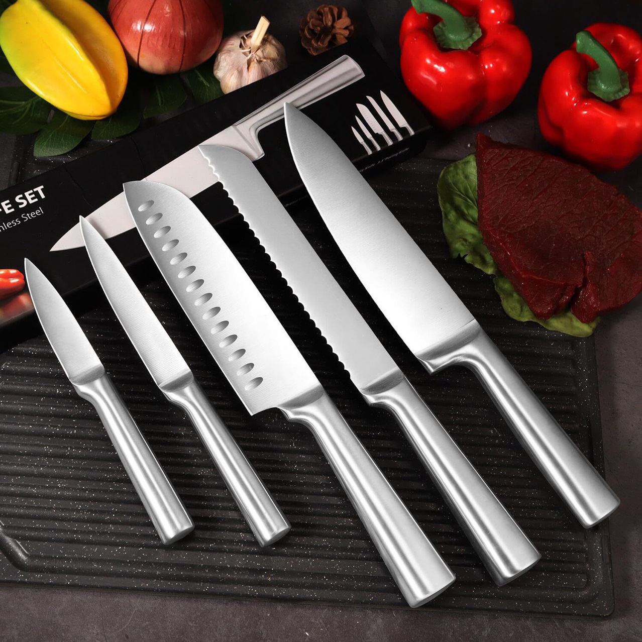 High Tech Kitchen Accessories - มีดอุปกรณ์ครัวระดับมืออาชีพ ชุดมีดทำครัว 5 ชิ้น มีดเชฟญี่ปุ่นด้ามจับสแตนเลสคุณภาพสูง
