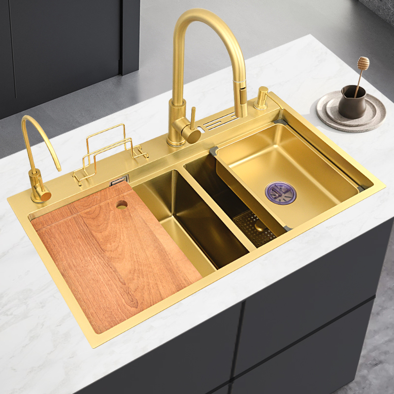 High Tech Kitchen Accessories - อ่างล้างจานครัวทันสมัยแบบสองหลุม สีทอง ปรับแต่งได้ คุณภาพสูง ผลิตจากสแตนเลส 304