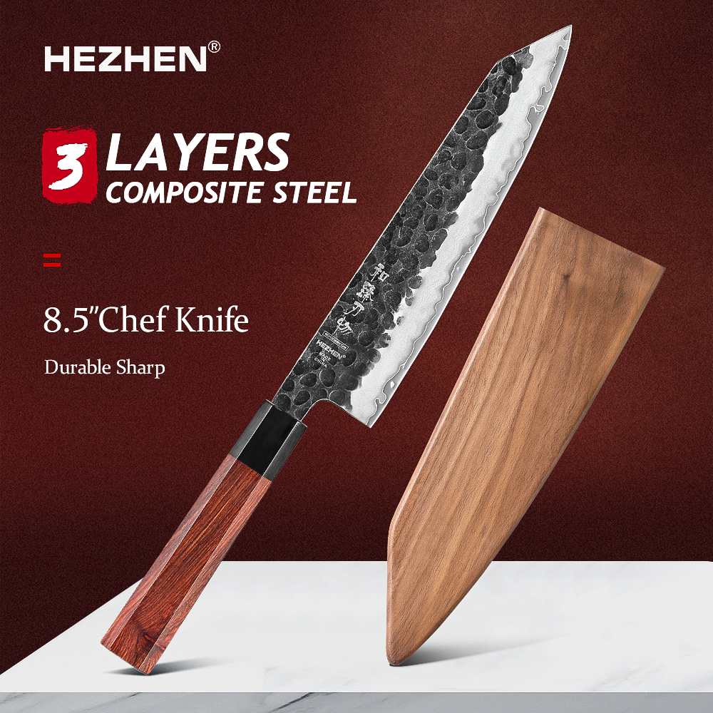 High Tech Kitchen Accessories - HEZHEN 8.3 นิ้วมีดเชฟ 3 ชั้นเหล็กคอมโพสิตคุณภาพสูงสีแดงไม้ Handle