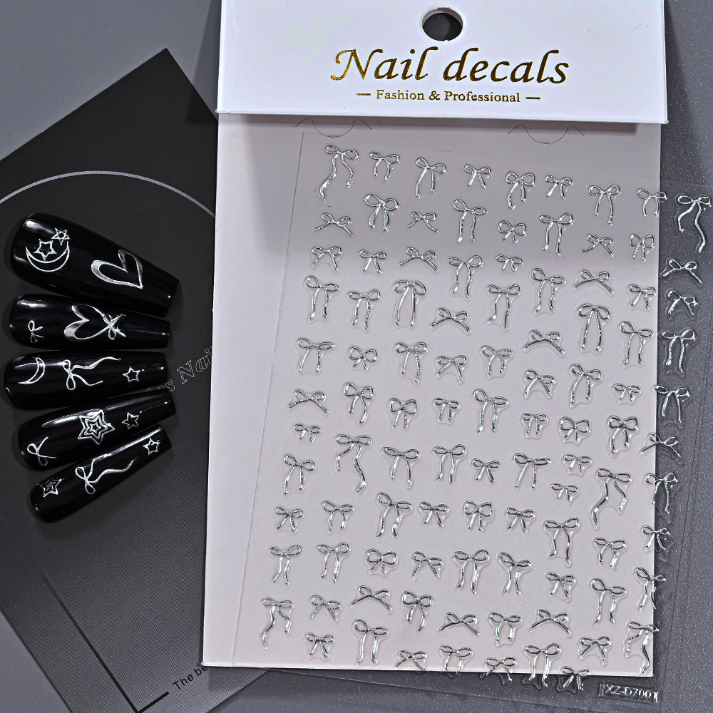 Y2K Tech Accessories - สติกเกอร์ติดเล็บลายโบว์โลหะสีเงิน 3 มิติ 1 ชิ้น ริบบิ้นสวยงาม